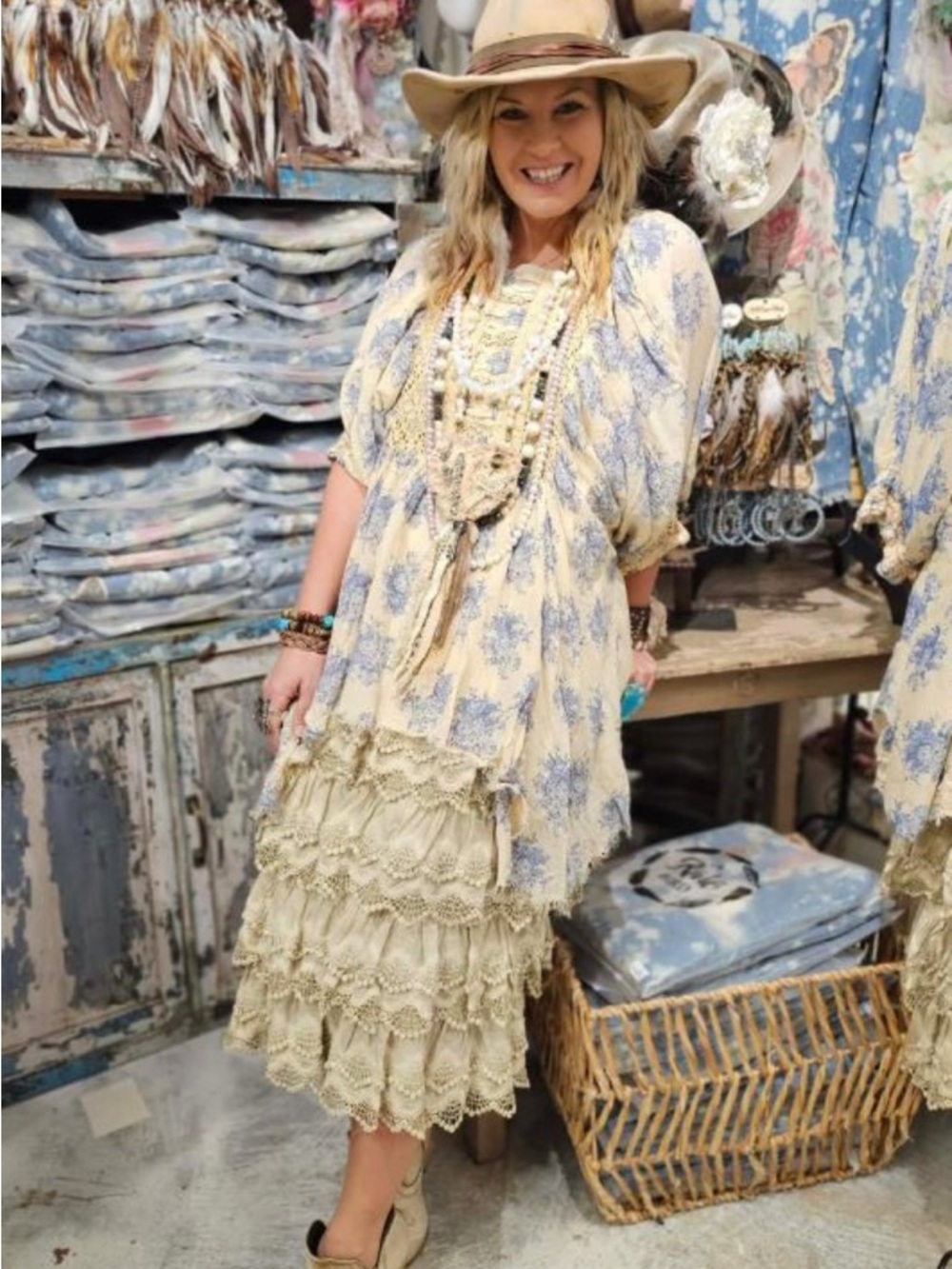 A Rate Bird Boho Cream & Blue Floral Peasant Blouse - Relaxed Women’s Top